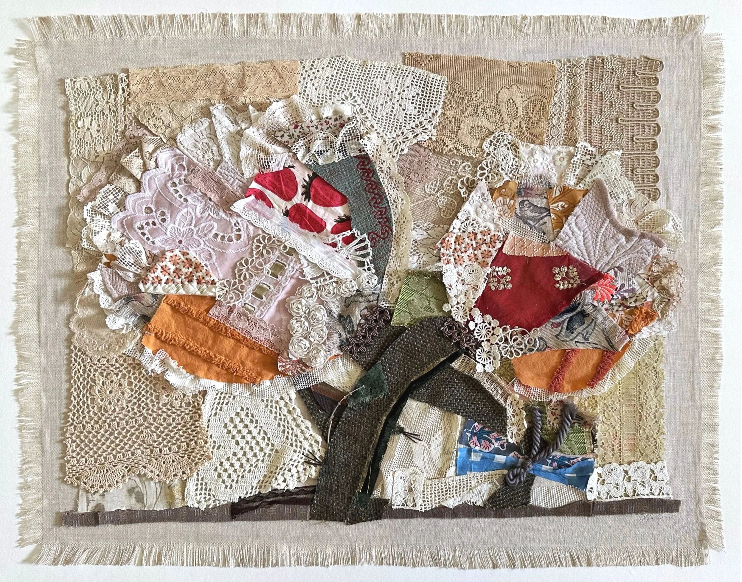    Cactus Flowers  , 2025. Fabric and thread on linen. 23“H x 28.75”W. Commission, NFS 