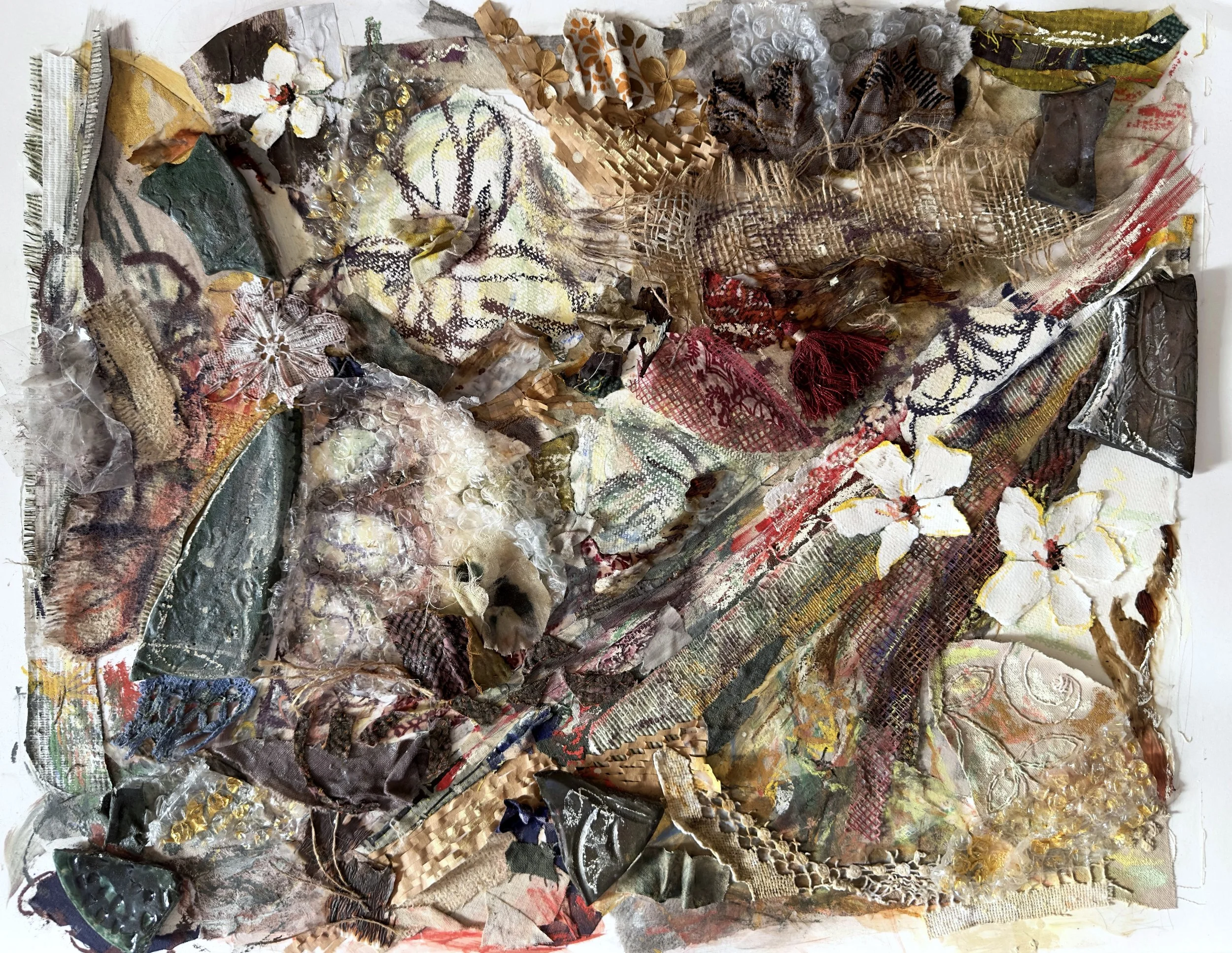    Garden II   , 2026.  Fabric, paper, ceramic fragments, graphite, charcoal, pastel, acrylic, plant material, and plastic on paper. 18”H x 24”W. NFS 
