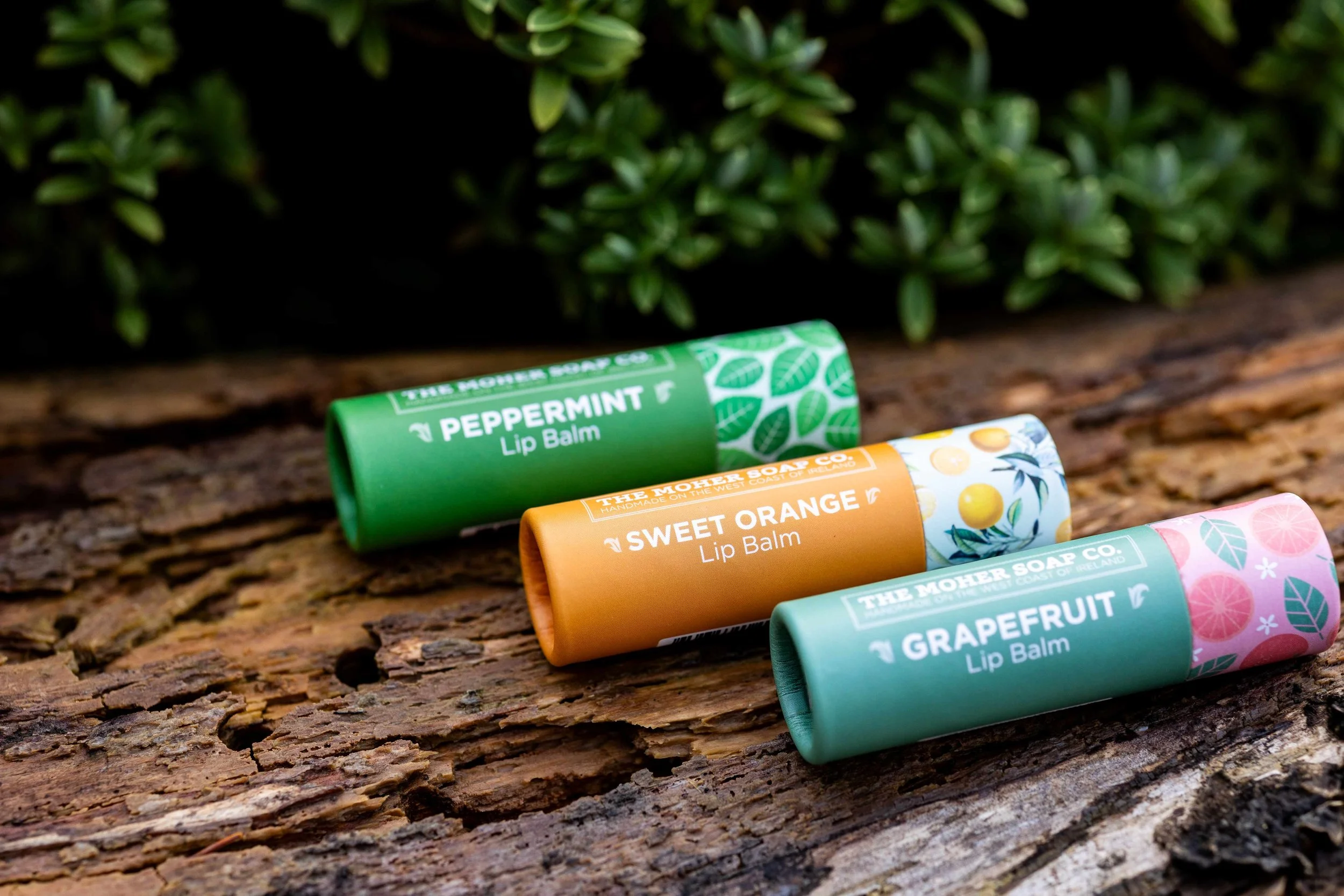 Colorful covered lip balms labeled peppermint, sweet orange, grapefruit, and other flavors resting on a weathered wooden surface with green foliage in the background.