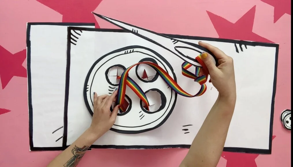 Still from Risa’s craft tutorial video How to Sew a Button: Quarantine Crafts