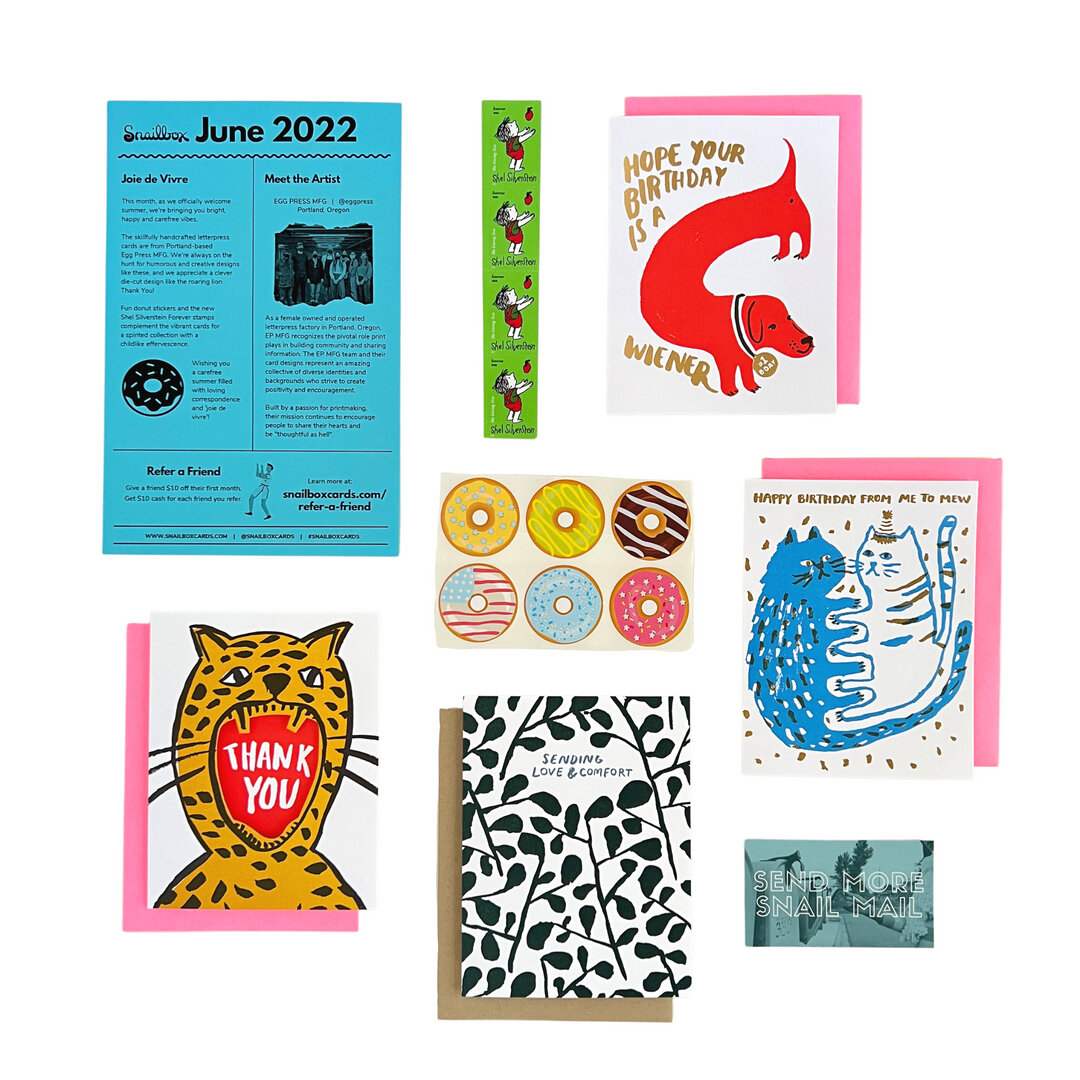 Our June collection with super fun cards by @eggpress 🍩 #greetingcards #stationery #subscription #stationerysubscription #subscriptionbox #subscriptionaddiction #snailmail #snailmaillove #snailmailrevolution #stationeryaddict #stationerylove #paperl