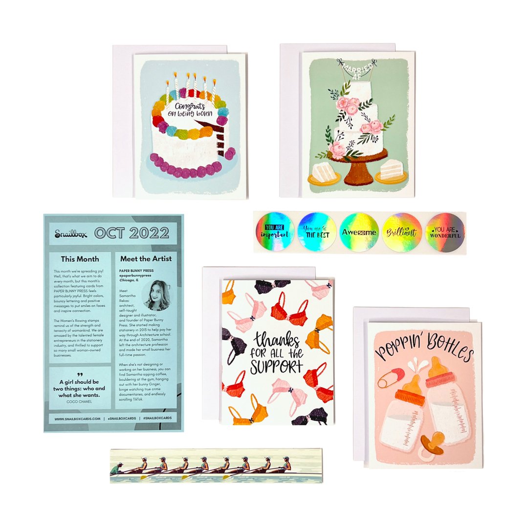 The October Snailbox featured happy and sassy cards from Samantha over at @paperbunnypress 💁&zwj;♀️🐇 We were also super impressed with the Women's Rowing stamps! Since we cut the stamps into sets of 4 for every subscriber, it rarely works out that 