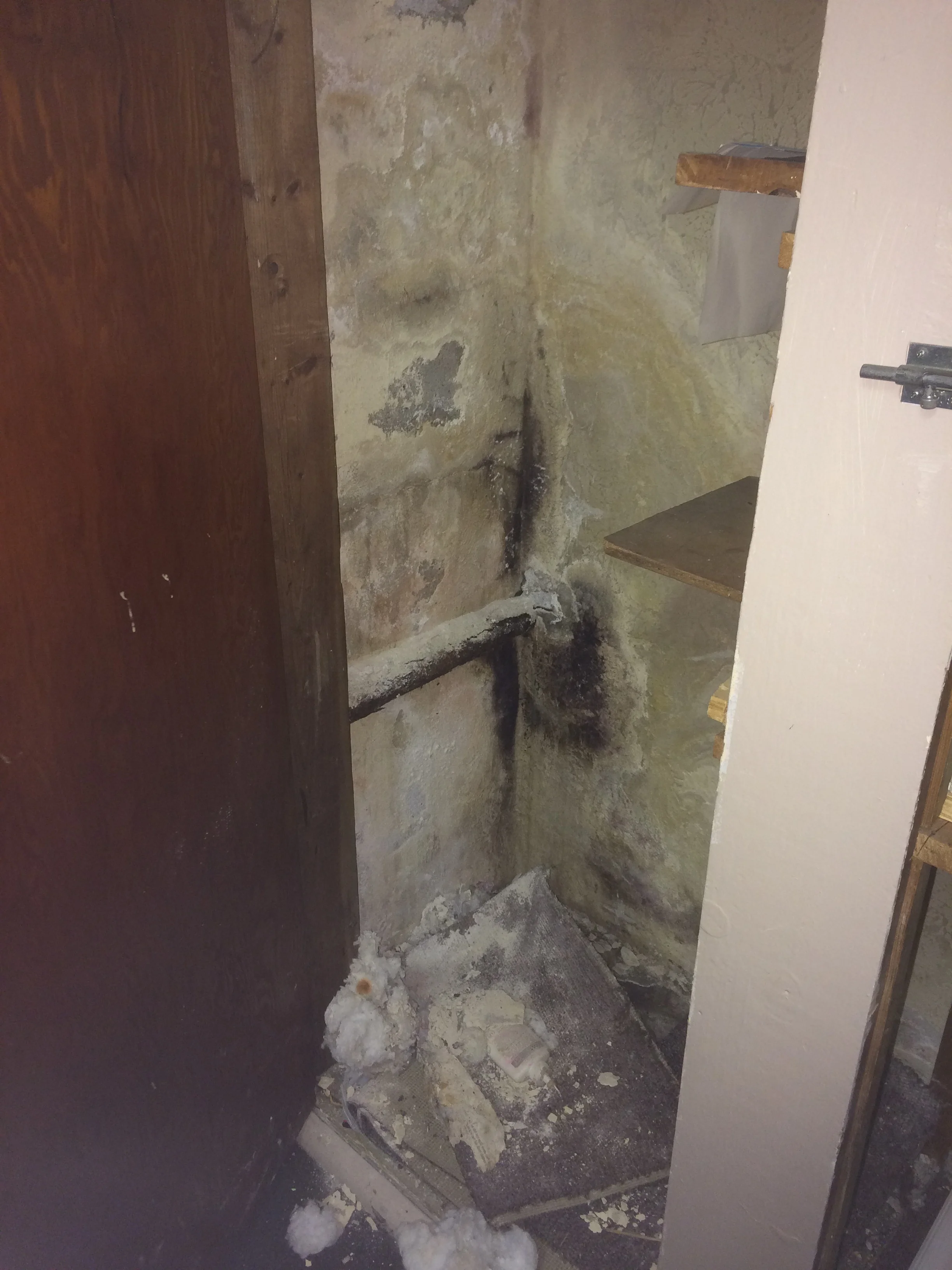Remember the huge cabinets lining the outside wall? When they were pulled back, they were so full of mould that most of them had to be thrown away. Again you can see the mould and mildew, indications of how persistent and bad the water seepage was. 