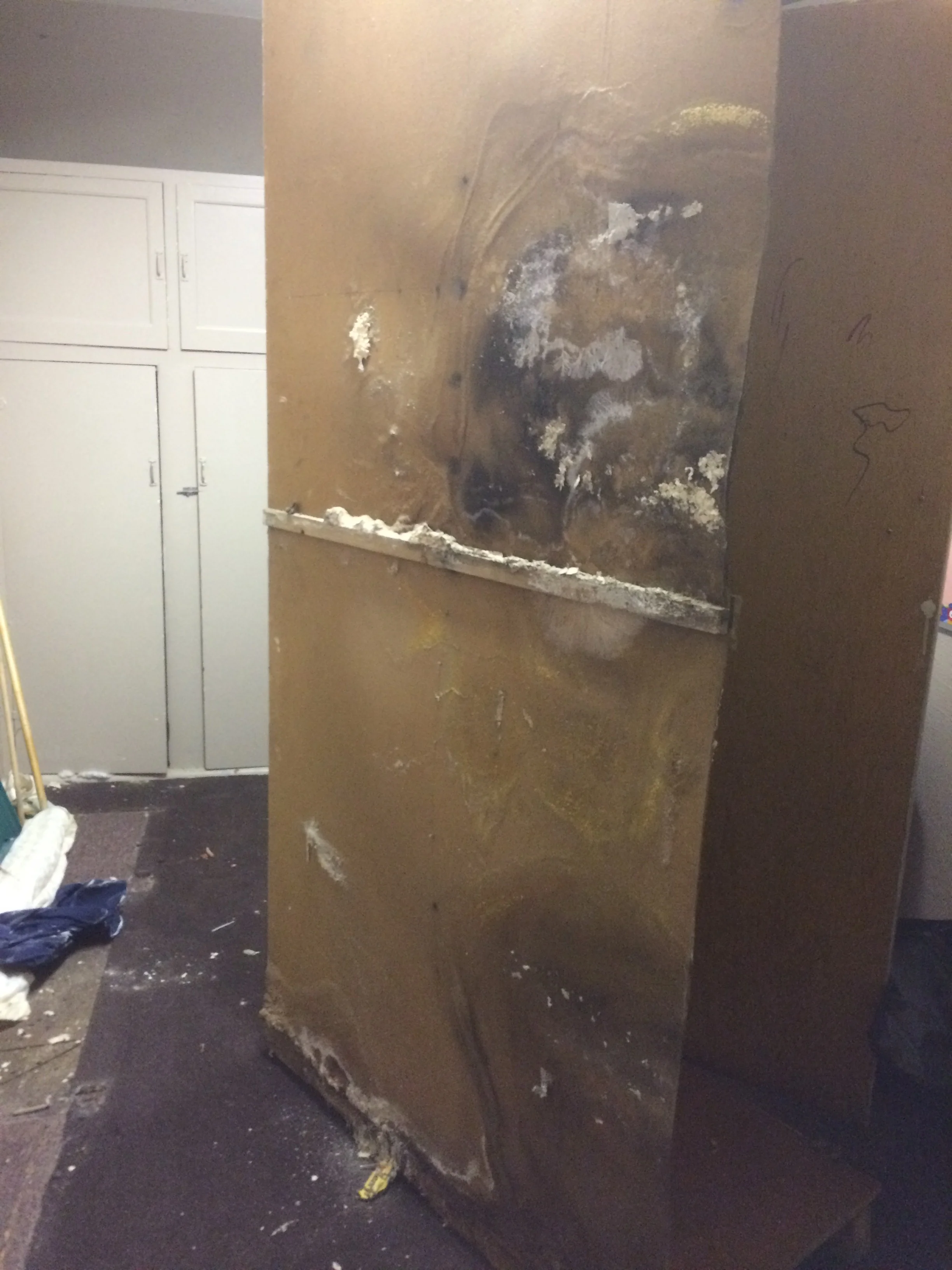 Mould and mildew had penetrated into the cabinets: Supplies stored inside were so infected, they, too, had to be thrown away. Here you can see seepage was at both the higher groundlevel outside and at the footing level on the bottom. 