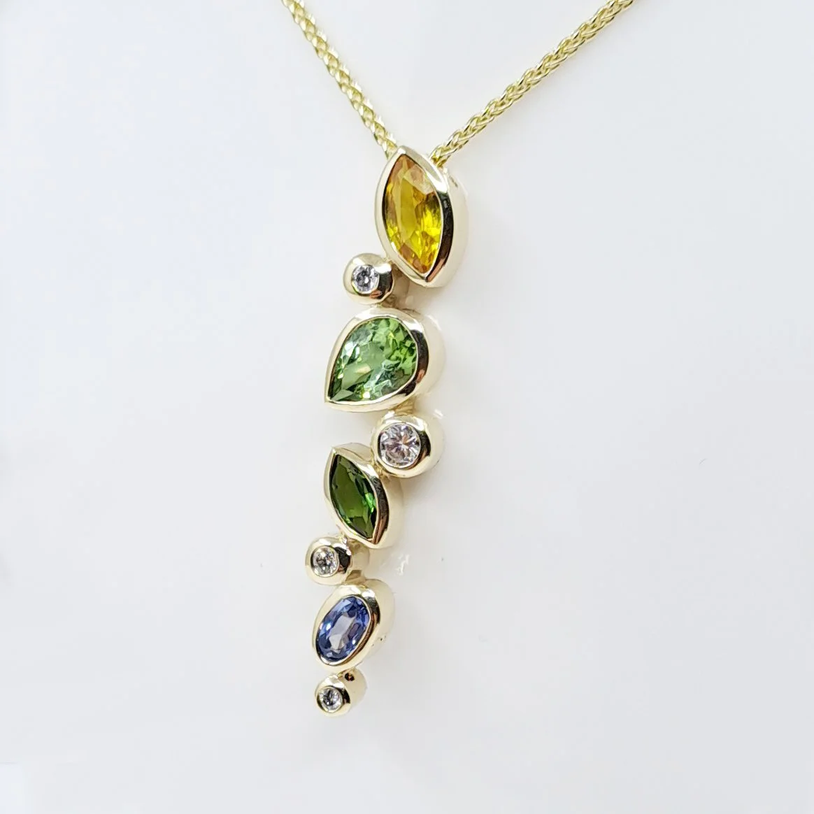 9ct Gold Multi Gem & Diamond Set Drop Pendant & Chain