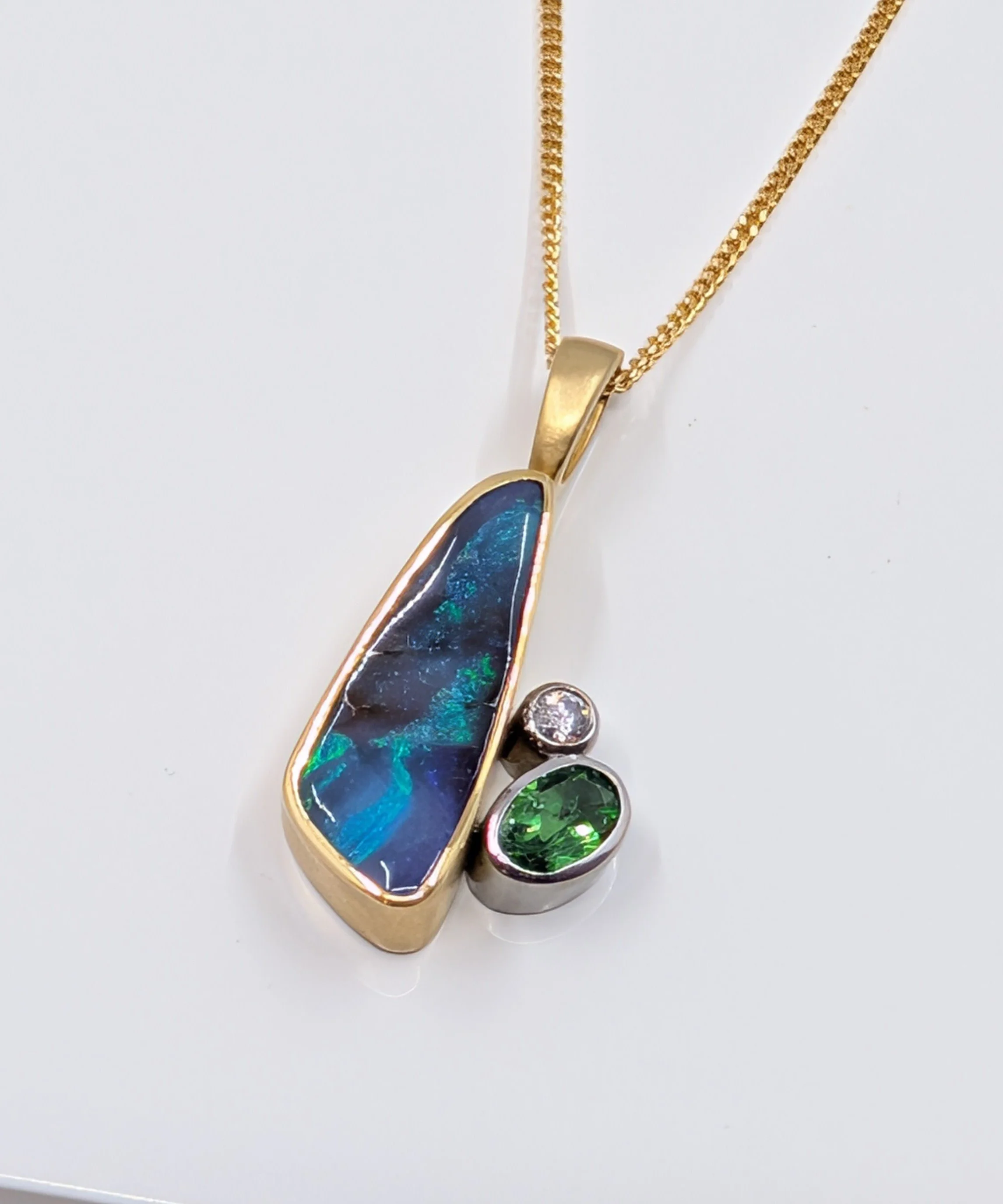 18ct Gold Boulder Opal & Gemstone Pendant with Curb Chain