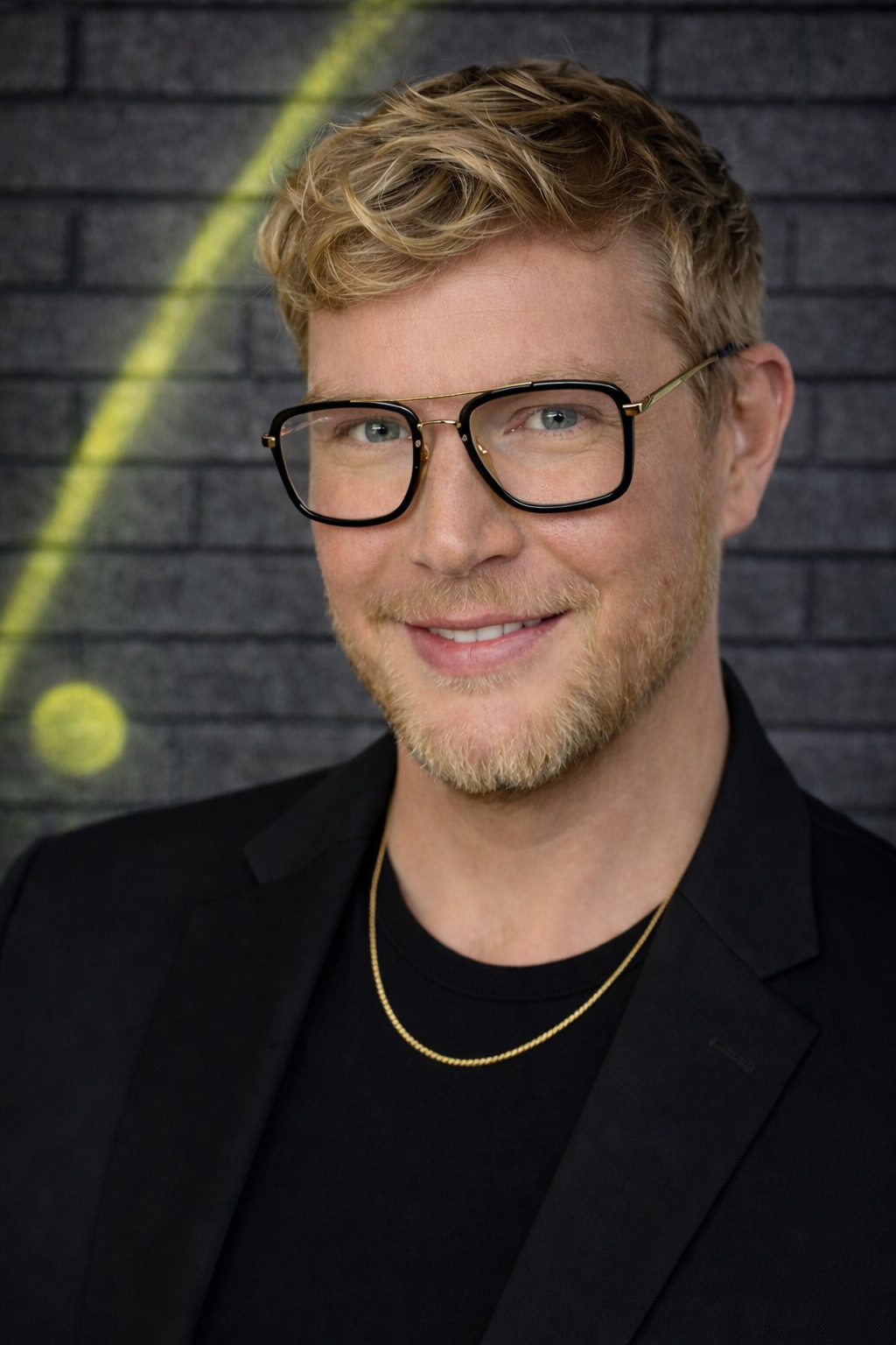 Man with short blonde hair and beard wearing a black jacket, standing against a black brick wall with yellow graffiti.