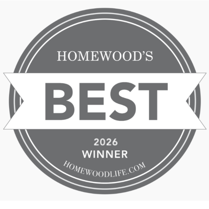 Award badge labeled 'Homewood's Best 2025 Winner' on a gray circular background with a white ribbon across it.