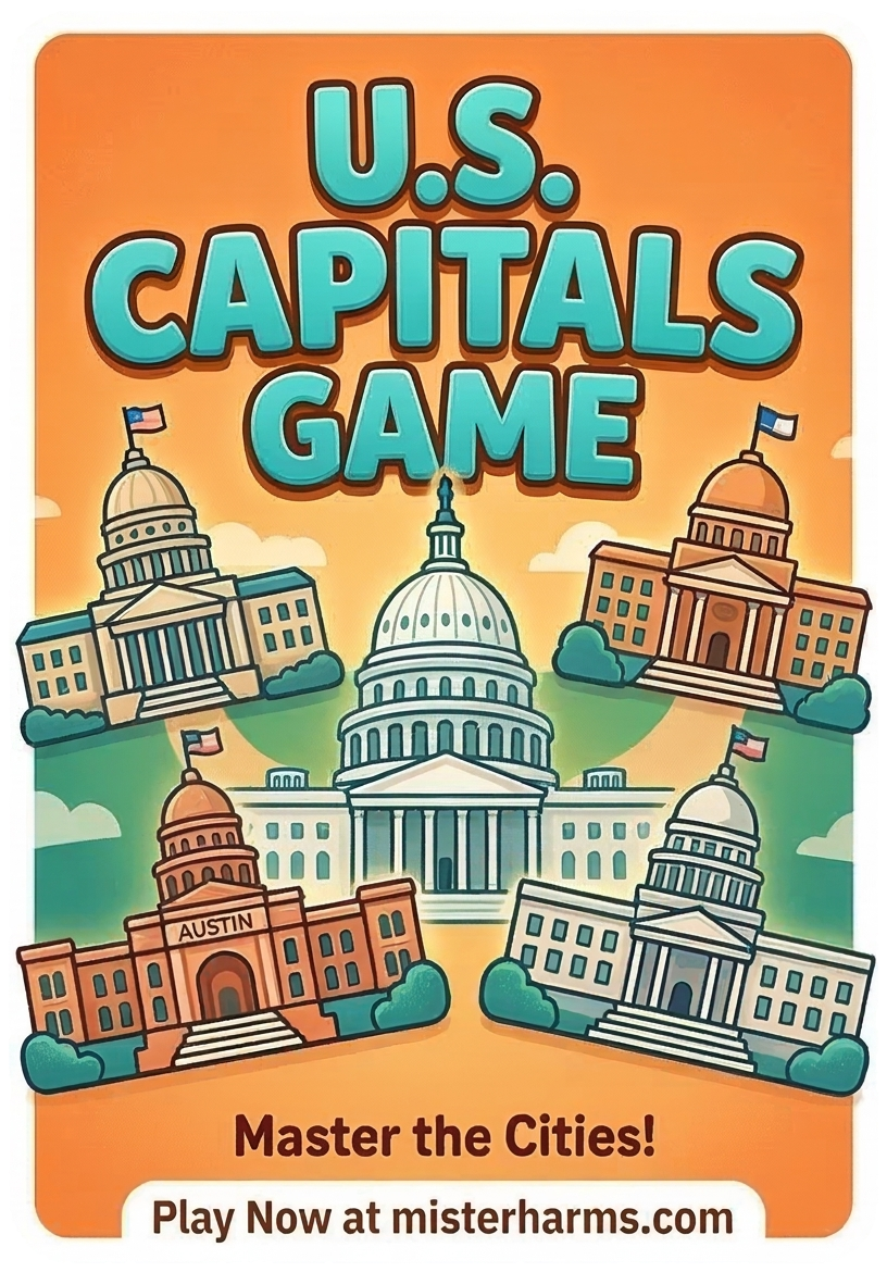 A screenshot of the Mister Harms U.S. Capitals Quiz interactive game.