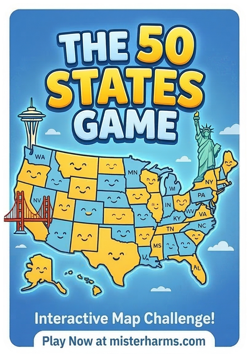 A screenshot of the Mister Harms 50 States Challenge interactive geography game.