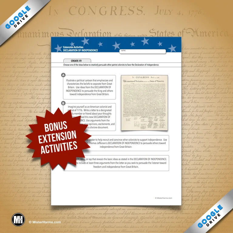 DECLARATION OF INDEPENDENCE Activity: Primary Source Analysis and Questions  | misterharms.com