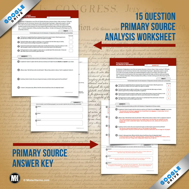 DECLARATION OF INDEPENDENCE Activity: Primary Source Analysis and Questions  | misterharms.com