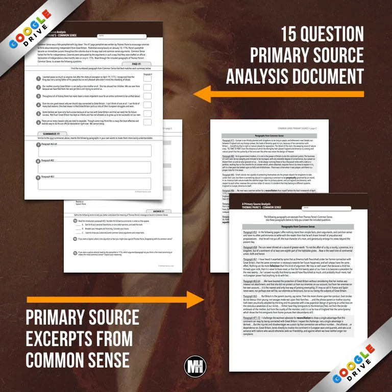 Common Sense Pamphlet Worksheet Thomas Paine's Common Sense Lesson