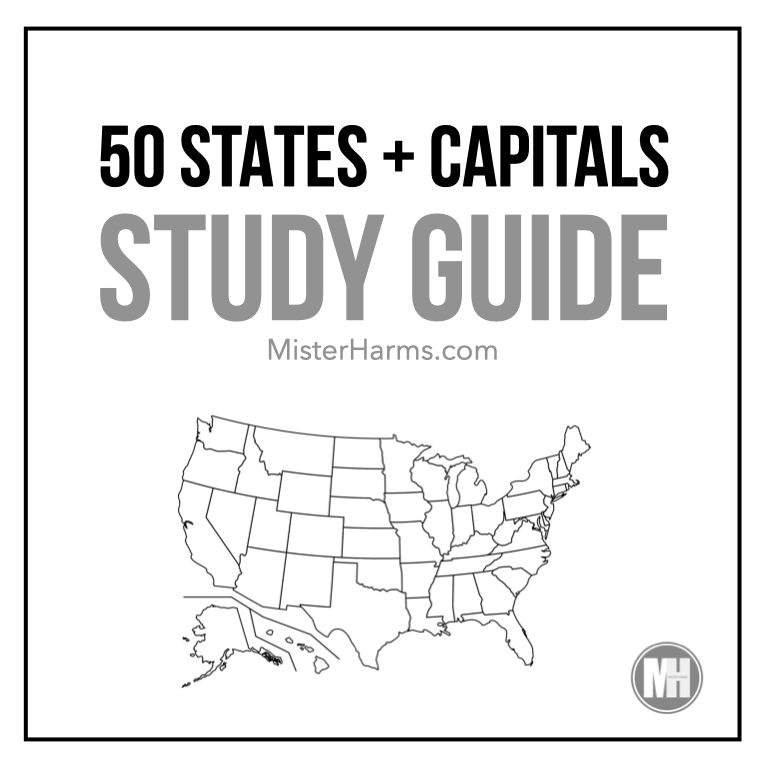 Minimalist printable study guide listing all 50 U.S. States and Capitals in alphabetical order for Social Studies and Geography students.