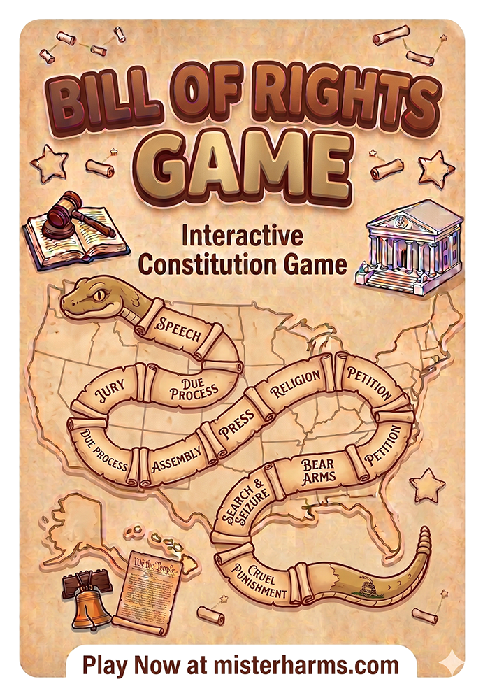 Master the bill of rights in this arcade style snake game that helps students learn the constitution