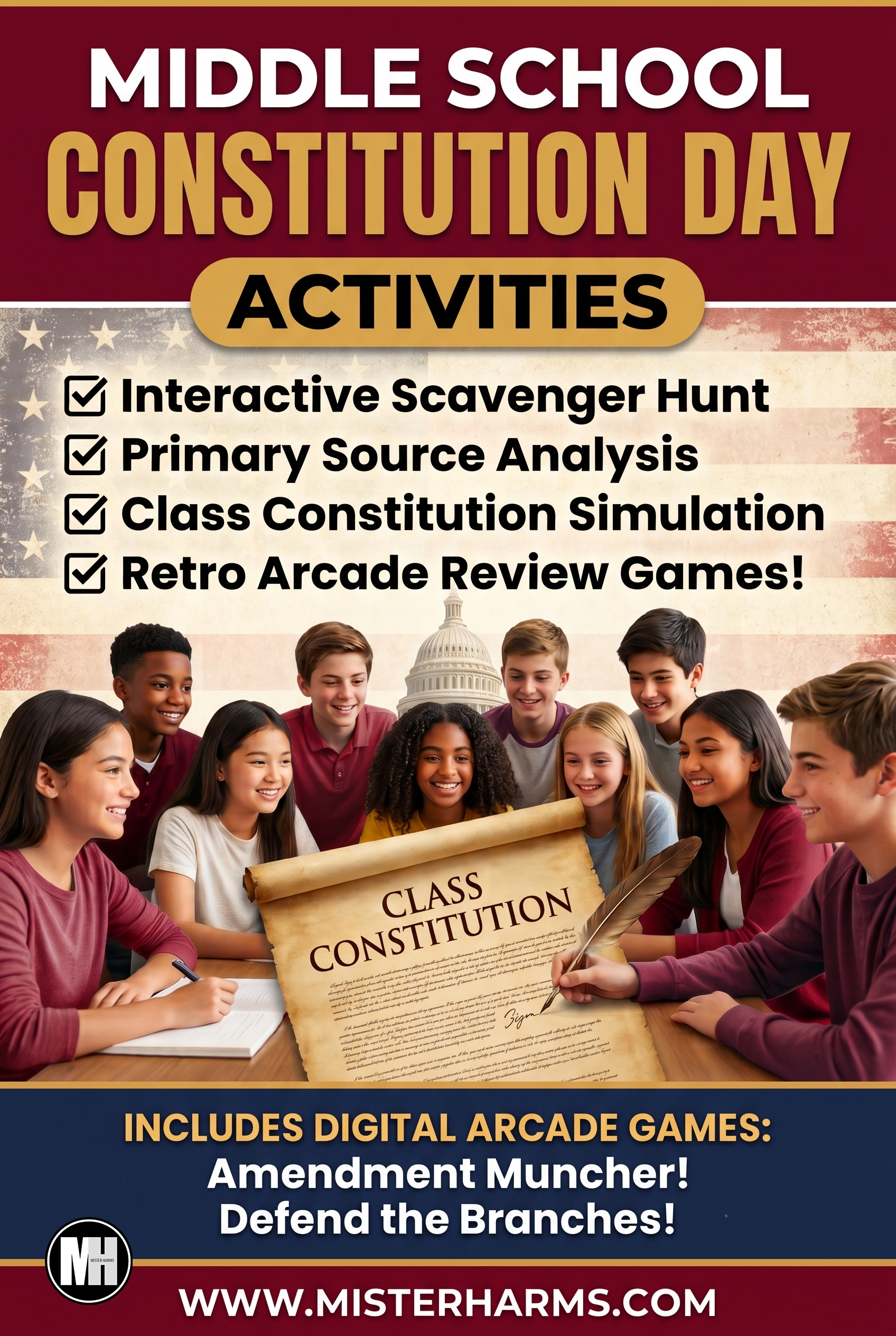 Pinterest Pin for Middle School Constitution Day Activities and 8th Grade Civics Lesson Plans | Mister Harms