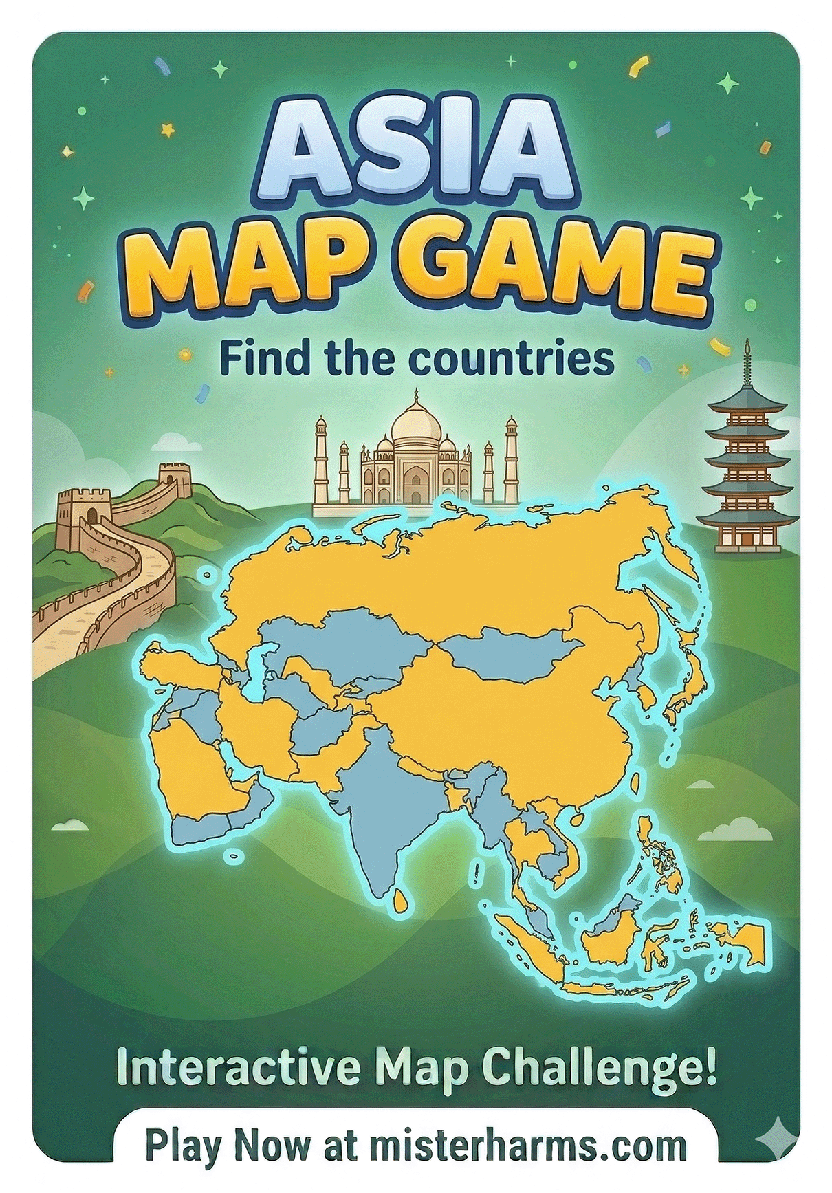 Cartoon educational game poster for Mister Harms Asia Map Game. Featuring illustrations of the Great Wall of China, Taj Mahal, and a traditional Pagoda surrounding a colorful map of Asian countries labeled with codes like RU, CN, IN, and ID.