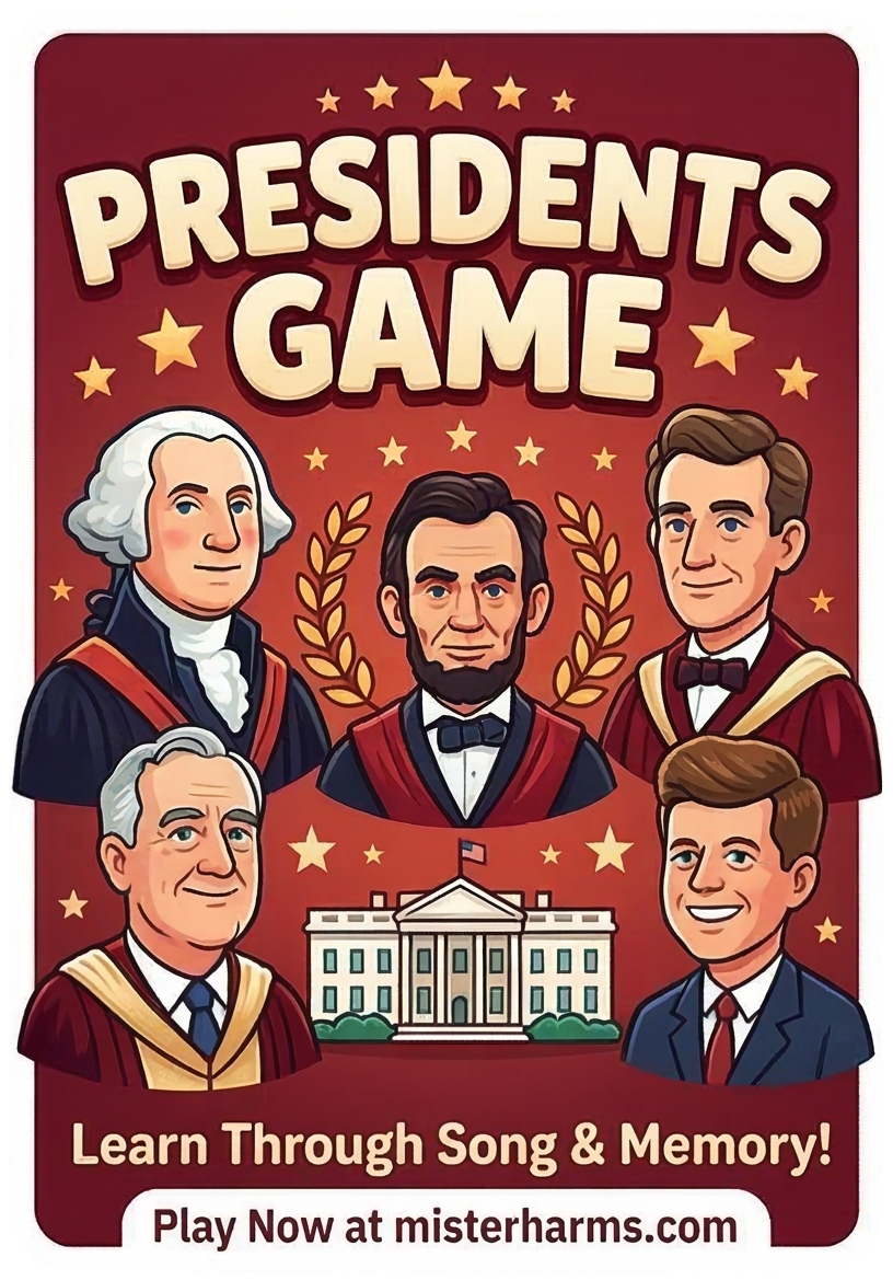 A screenshot of the Mister Harms Presidents Game with cartoon president portraits.