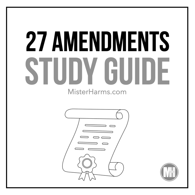 Clean educational PDF summary of the 27 Amendments to the U.S. Constitution for Civics and Government classroom prep.