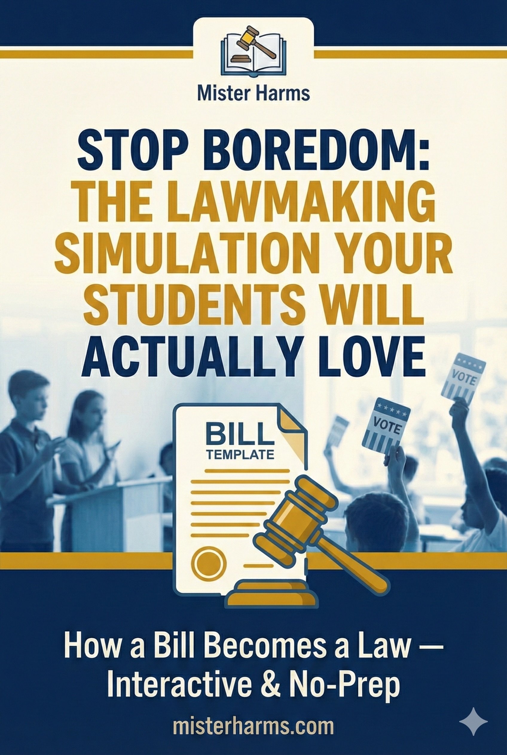 Middle school students participating in a Legislative Branch classroom simulation and writing bills.