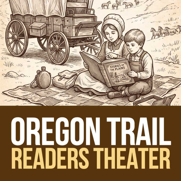 Illustration of a pioneer family in a covered wagon train, with kids reading a play script about the westward expansion