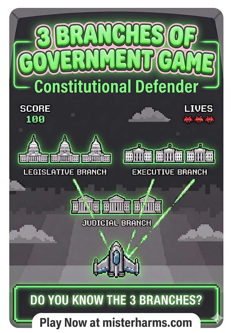 An 8-bit style educational game interface titled "3 Branches of Government Game: Constitutional Defender." It depicts a spaceship at the bottom defending three rows of government buildings labeled "Legislative Branch" (Capitol), "Executive Branch" (W