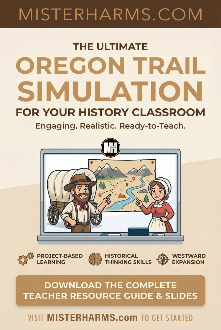 A complete set of printed worksheets, student journals, and digital presentation slides for the interactive Oregon Trail classroom simulation.
