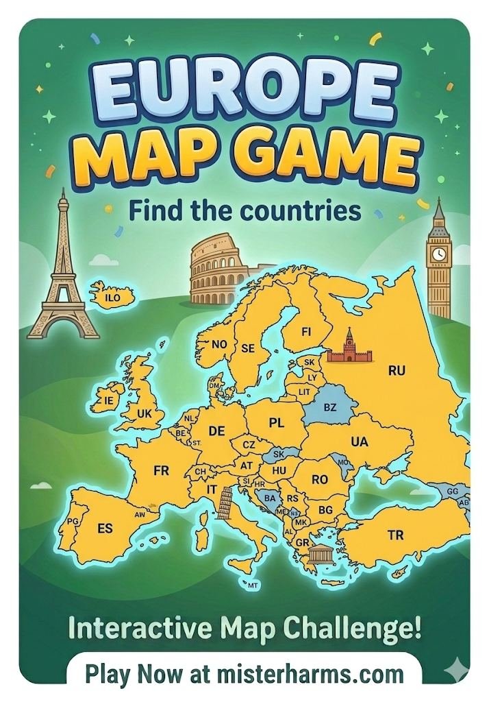 Cartoon promotional card for Mister Harms Europe Map Game. Features illustrations of the Eiffel Tower, Colosseum, and Big Ben. Centered is a colorful map of European countries labeled with country codes like FR, DE, UK, and IT.