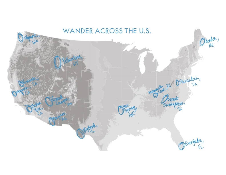Each series comes in 13+ different versions, each cited specifically for the National Parks and ecological zones around the United States. Planned National Park versions include the Shenandoah, Acadia, Great Smokey Mountains, Mammoth Cave, Everglades, Hot Springs, Big Bend, Saguaro, Grand Canyon, Yellowstone, Joshua Tree, Sequoia, Yosemite, and Olympic National Parks.