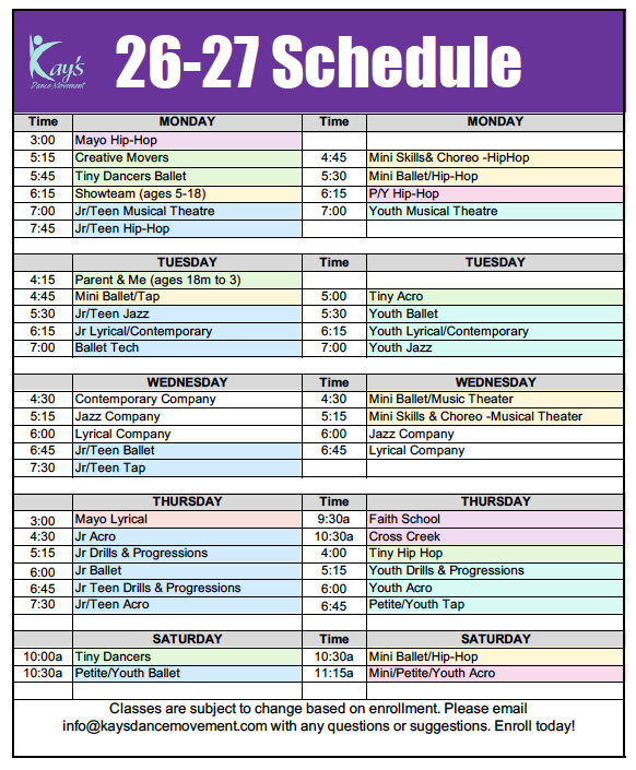 Schedule for Kay's Dance Movement classes from Monday to Saturday, listing times and activities such as hip-hop, ballet, jazz, contemporary, musical theater, acro and tap