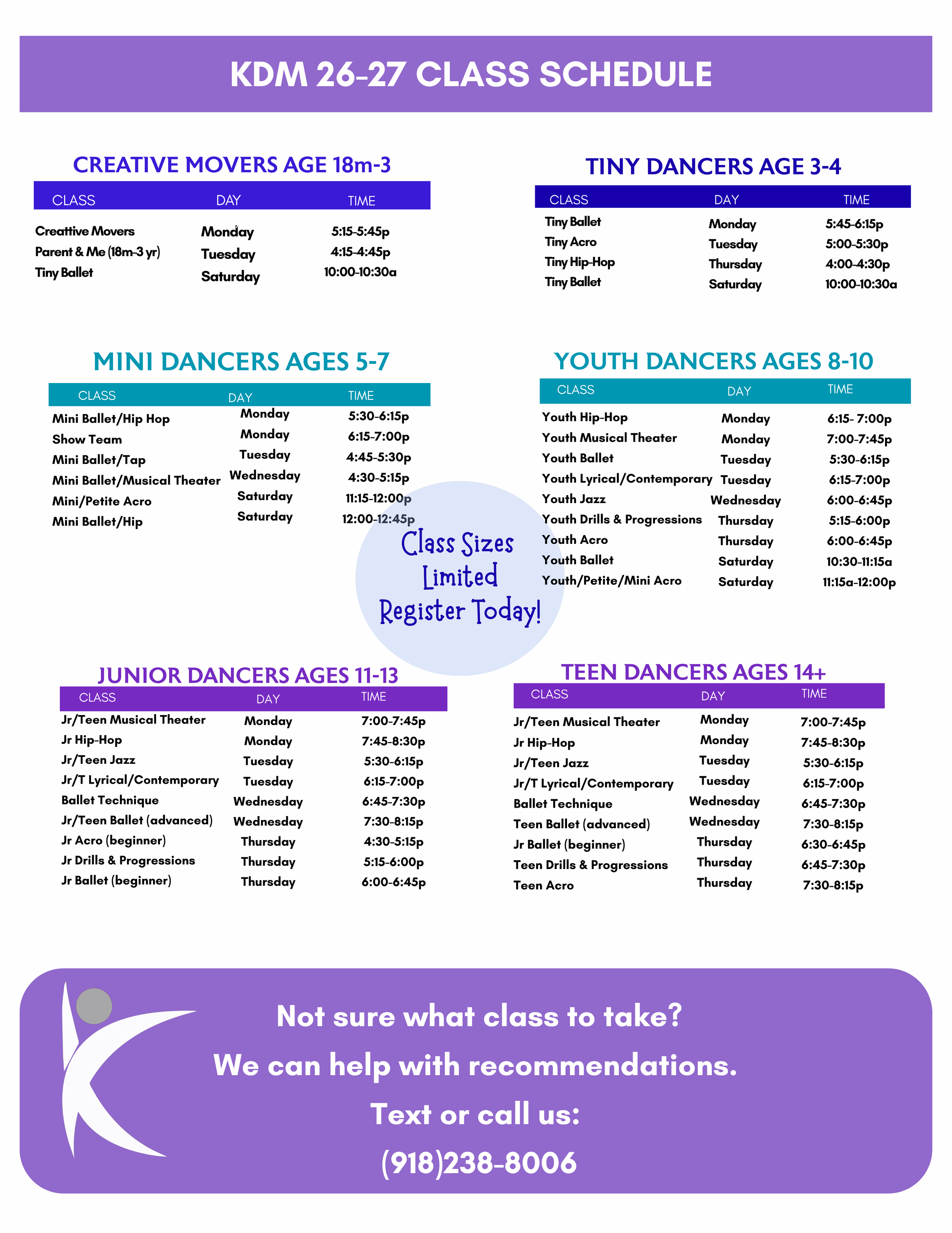 KDM Schedule of classes by age groups