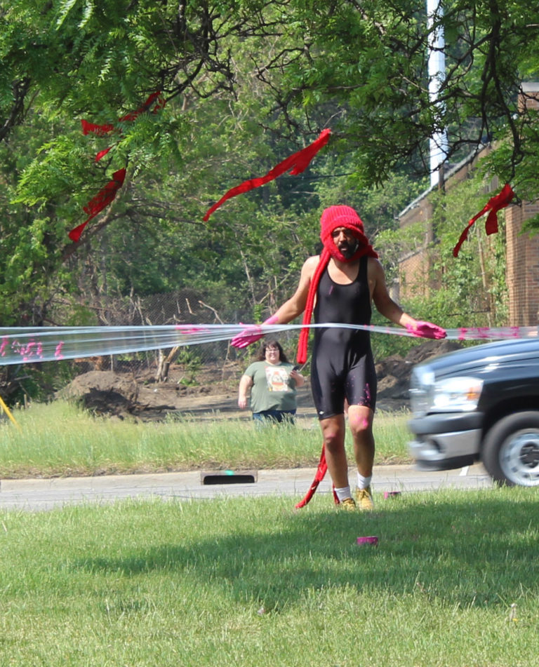 The Wrestler grapples with the invisible barrier (click to enlarge) (all photos by the author for Hyperallergic unless otherwise noted)