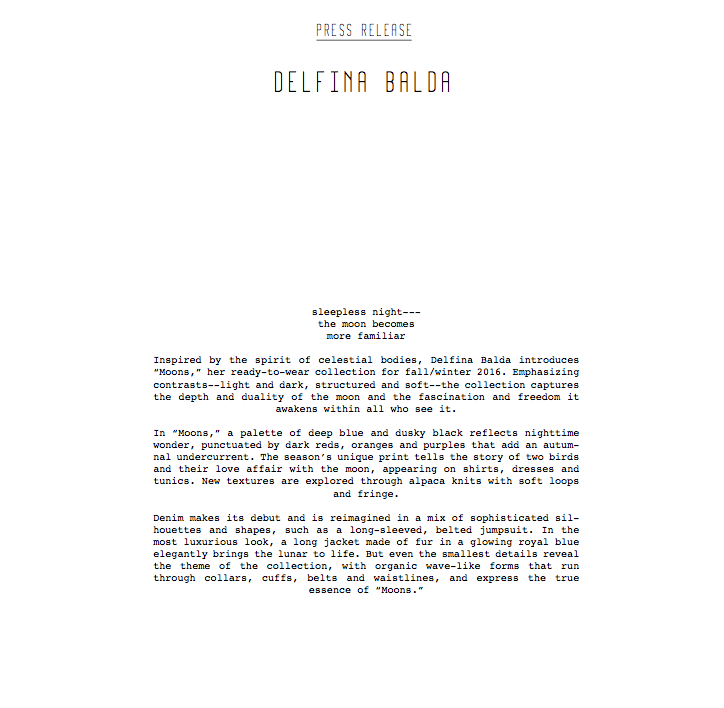   Creative copywriting  for Delfina Balda F/W 2016 press release 