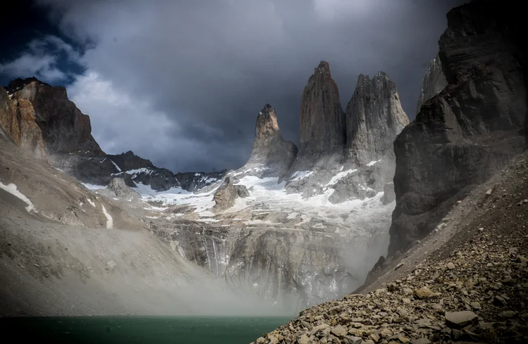 Granite towers rising above a lake in Torres del Paine, Patagonia