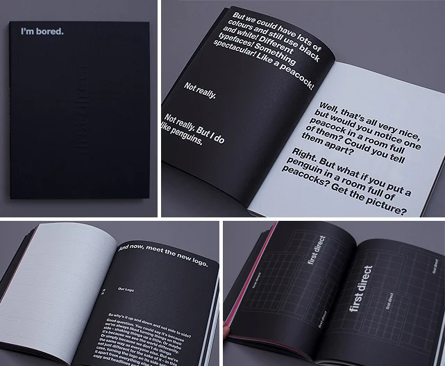 North's brand guidelines for First Direct use only black, white and a single typeface.