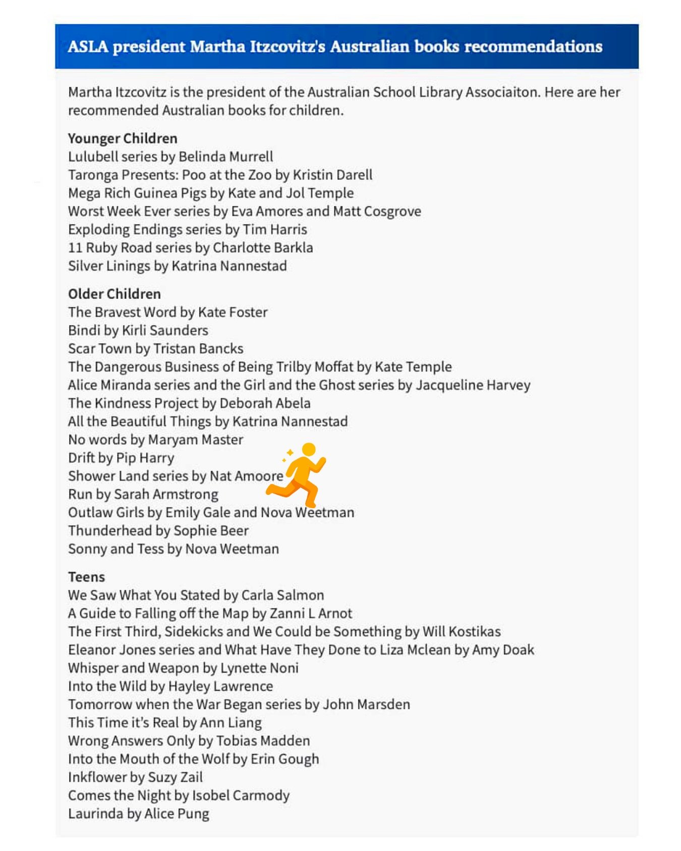 Word of mouth is the very best way for people to hear about books. This is word of mouth on a grand scale, and from someone who really knows their stuff. 

Thanks to teacher-librarian and President of @asla.org.au, Martha Itzcovitz for including &lsq