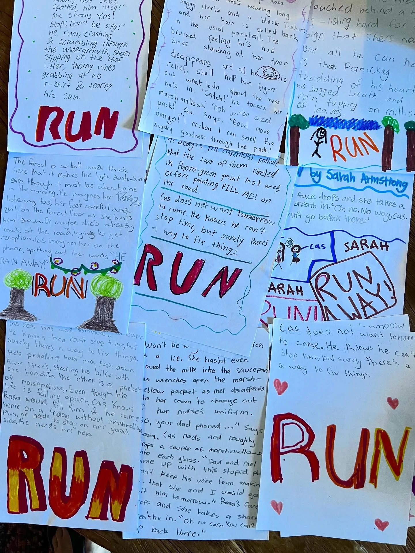 I am often given cards or drawings when I visit schools. 

But at Brisbane&rsquo;s Good News Lutheran School late last year, I was given a stack of stories by the kids. 

They had copied out sections of my book Run. Which is actually a brilliant thin