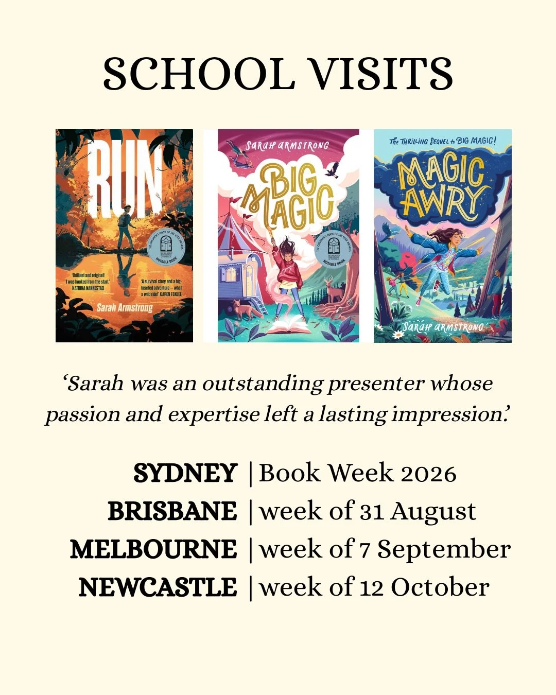 I really love visiting schools to talk about my books and the creative process. 

I can work with all year levels but my sweet spot is Years 5/6 and Years 7/8. 

If you&rsquo;d like me to visit your school, please message me and I&rsquo;ll put you in