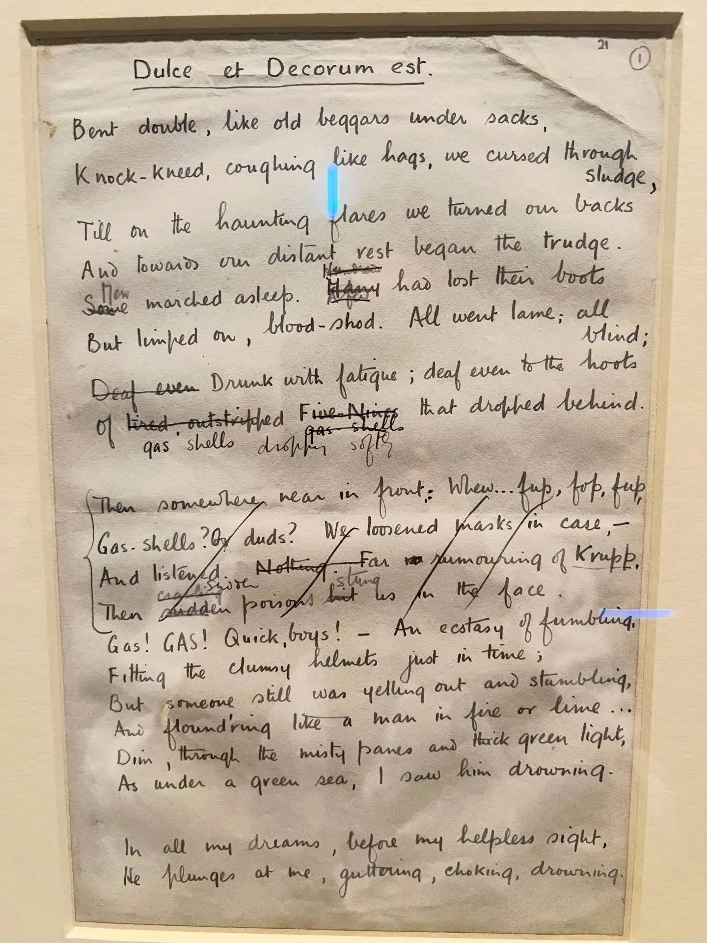 On ANZAC Day, I found myself thinking about this powerful anti-war poem &lsquo;Dulce et Decorum Est&rsquo; by Wilfred Owen. 

At a HOTA exhibition last year, I saw the original manuscript of this famous poem and found it incredibly moving to see the 