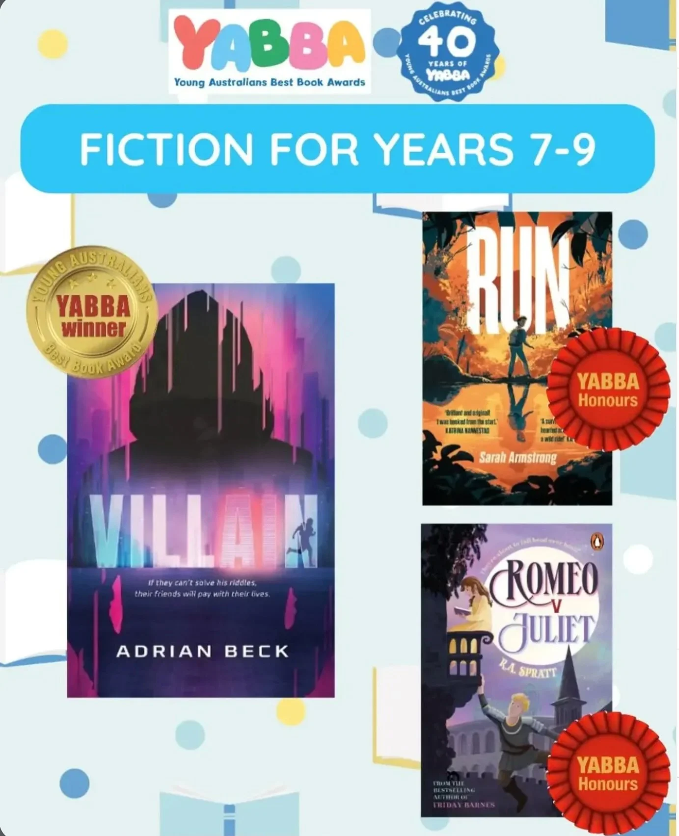 Oh my goodness! &lsquo;Run&rsquo; is an honour book in the student-judged YABBA Awards! 

Congratulations to Adrian Beck for winning with his spooky &lsquo;Villain&rsquo; and I&rsquo;m feeling chuffed seeing my book sitting there beside RA Spratt who
