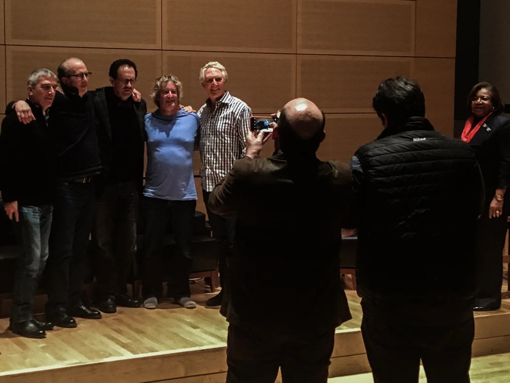 (Left to Right), Stephen Wilkes, Eric Meola, Gregory Heisler, Seth Resnick, Clint Clemens, being photographed by Mike Davis and JC Carey, as Dean Branham of Newhouse looks on.