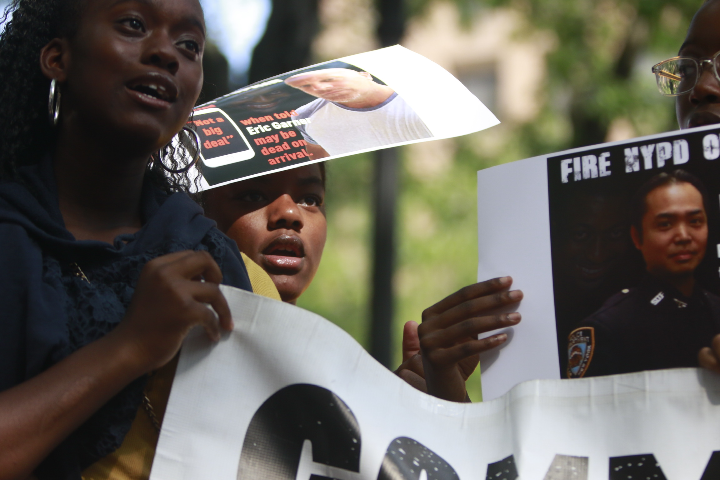 Thousands of Eric Garner supporters rally at the NYPD headquarters in Manhattan on July 17, 2019 to mark the five-year anniversary of his death and to demand justice after the Justice Department decided not bring federal charges against Officer Pantaleo, the cop who put Garner in a chokehold, causing his death.