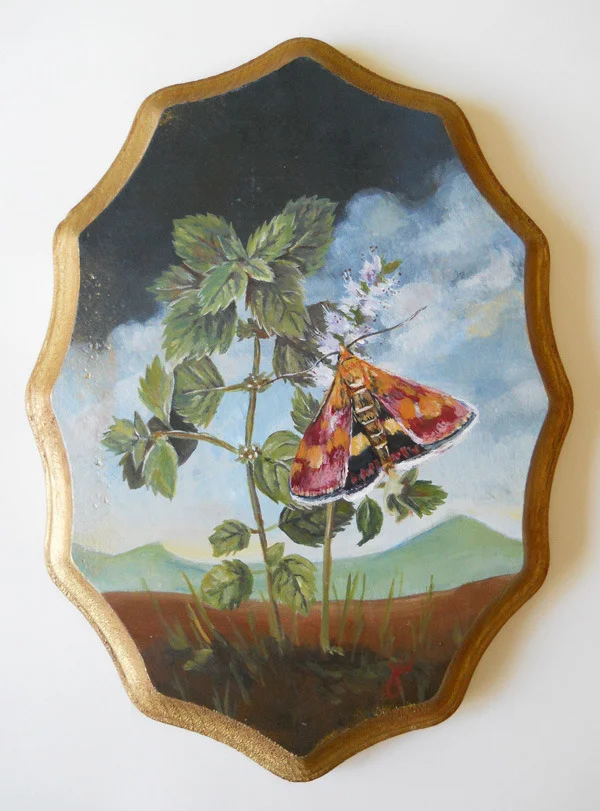 mint moth , acrylic on wood 6" x 9"