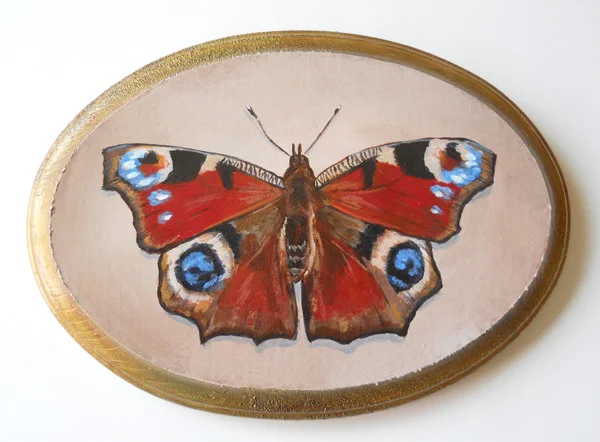 peacock butterfly , acrylic on wood 7" x 5"