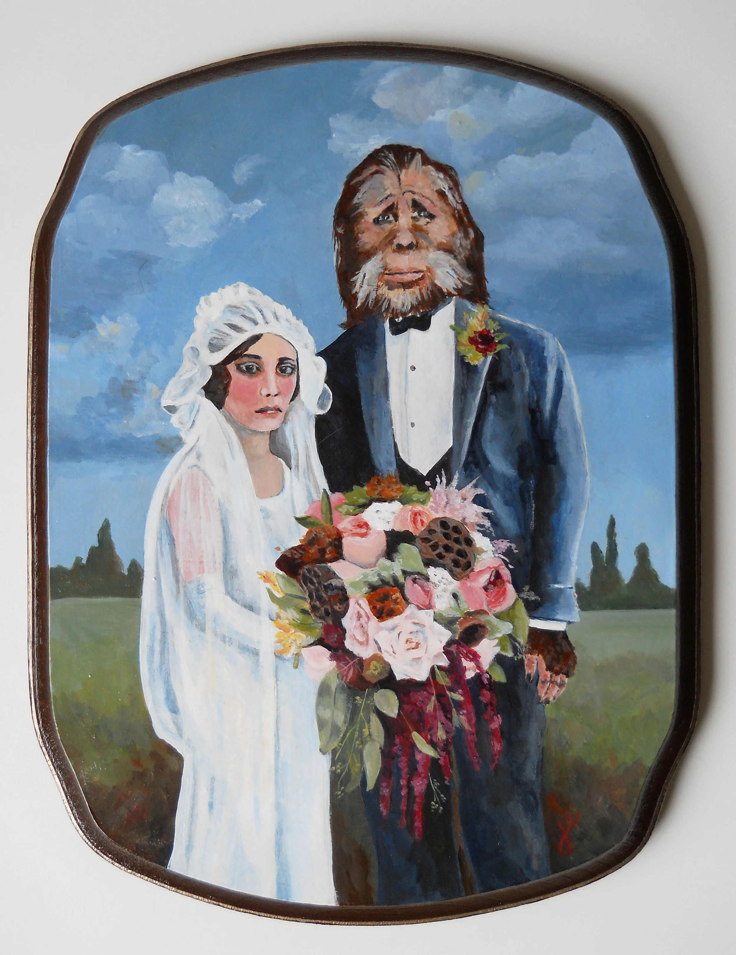 portrait of a pacific northwest couple on their wedding day acrylic on wood, 8" x 10"
