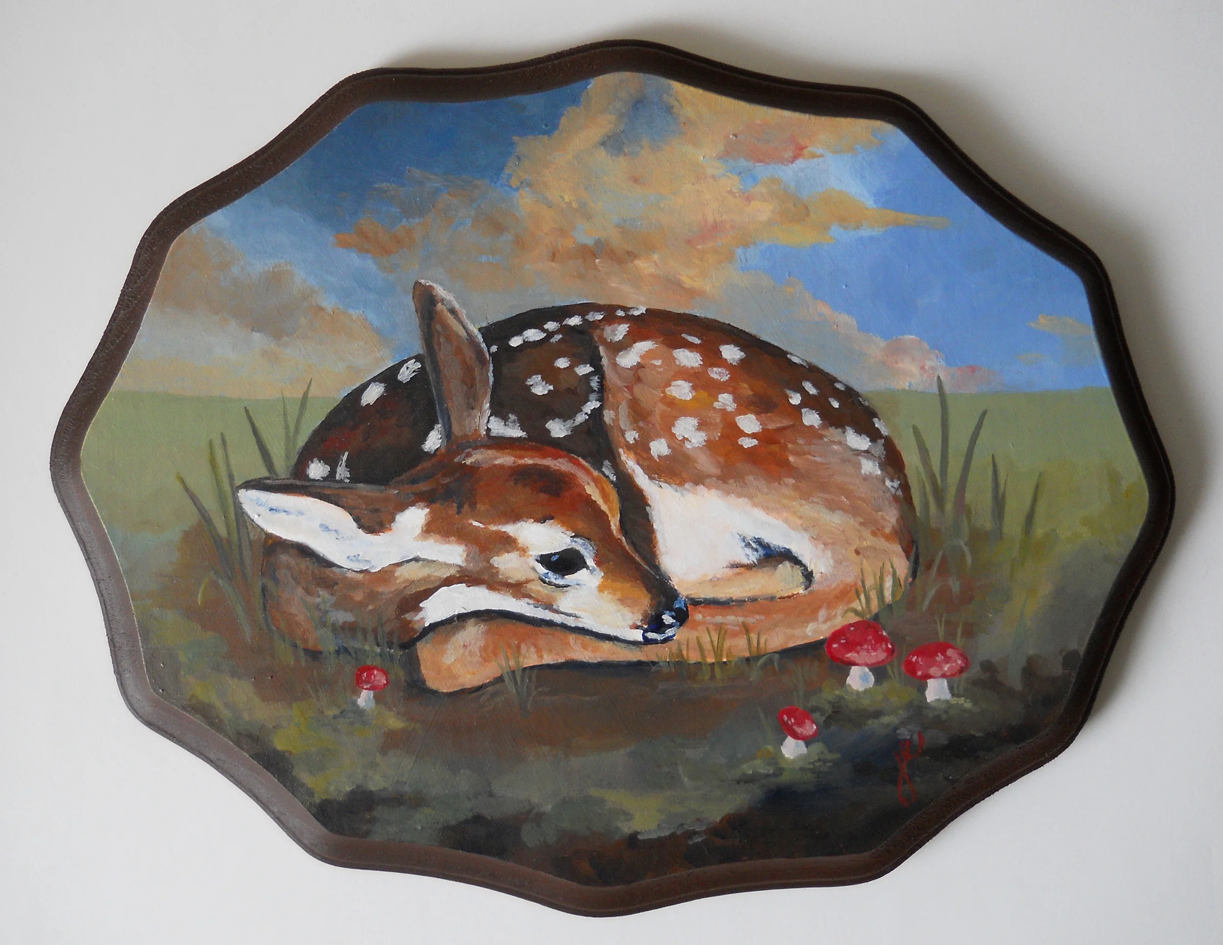 baby deer with toadstools acrylic on wood, 11" x 8 3/4"