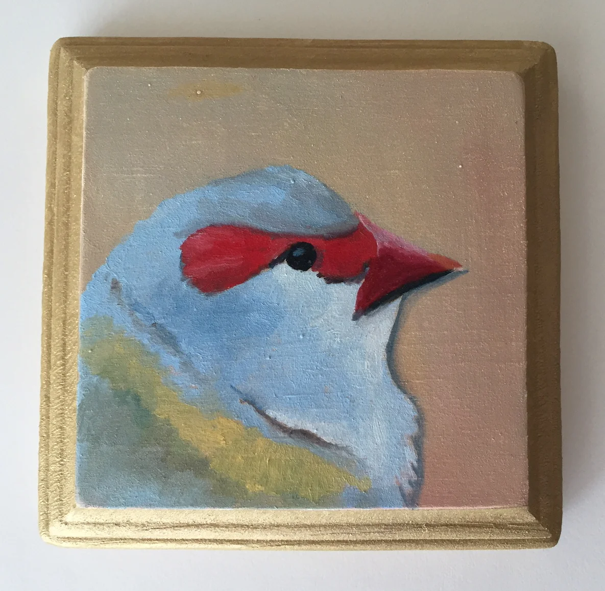 red browed finch oil on wood 4"