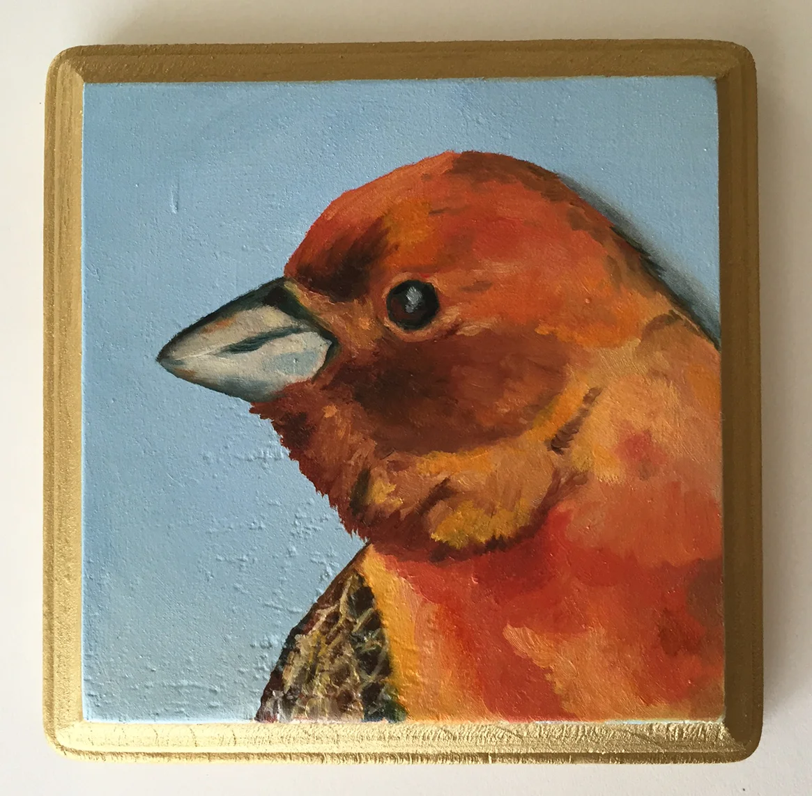 red headed bunting oil on wood 5"