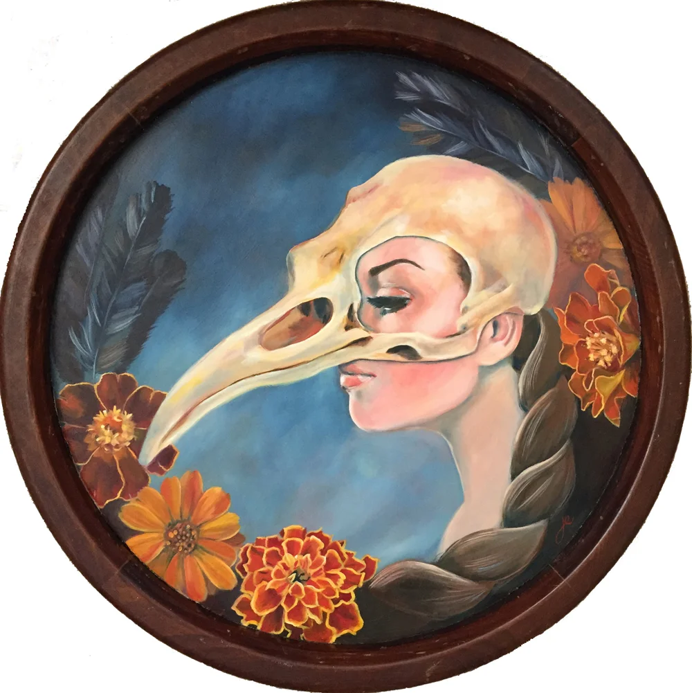 crow girl oil on wood 16.5"