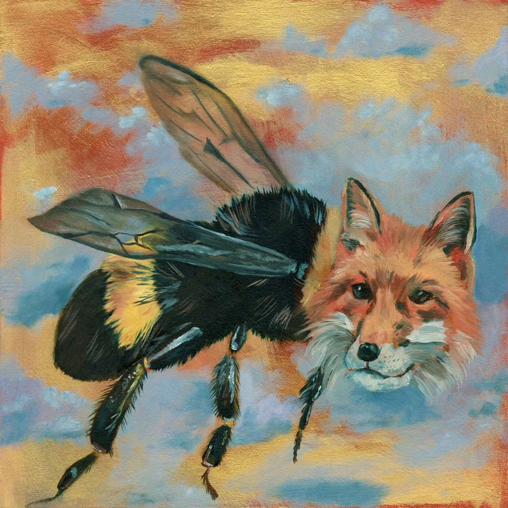 bumblefox oil and acrylic on wood 8"
